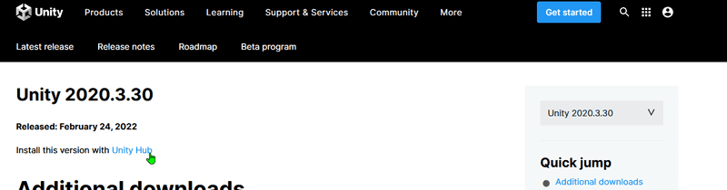 Unity website with the mouse over the download link