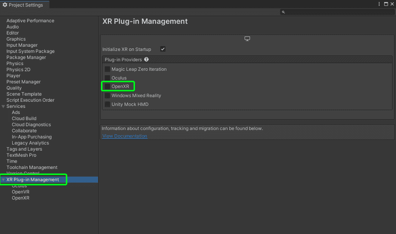 Selecting OpenXR in the project settings