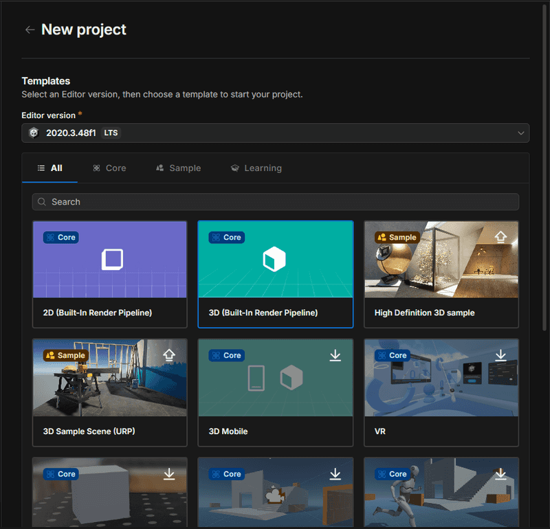 Image of Unity Hub, creating a new project.