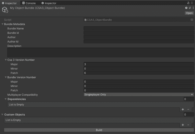 Inspector window of a blank object bundle