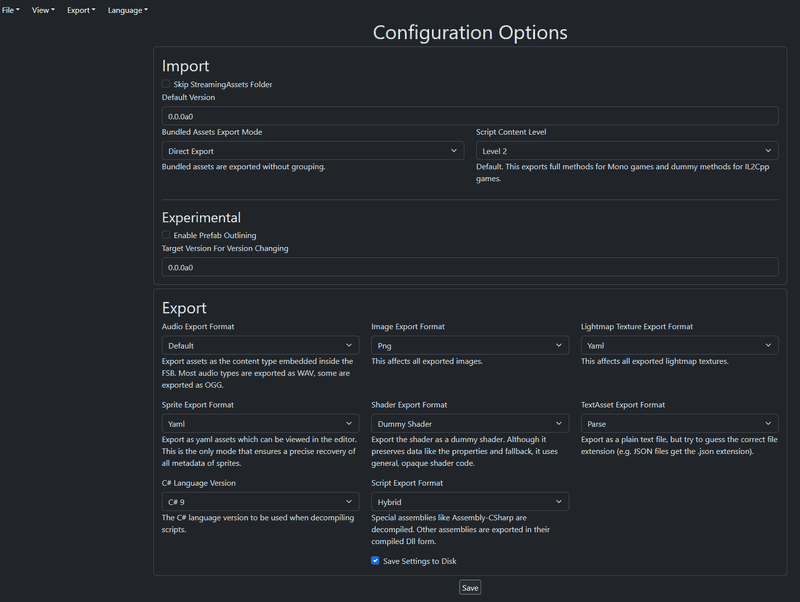 Image of the settings inside of the web interface for Asset Ripper