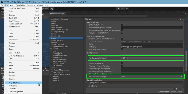 Changing project settings in unity