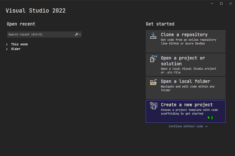 Visual Studio start screen with mouse over create a new project