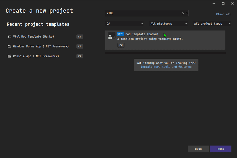 Image of Visual Studio, creating a new project menu with the VTOL Mod Selected